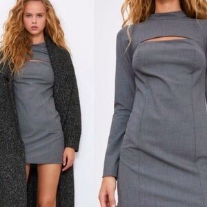 NWT - Zara Long-Sleeve Houndstooth Cutout Grey Collar Mini Dress
